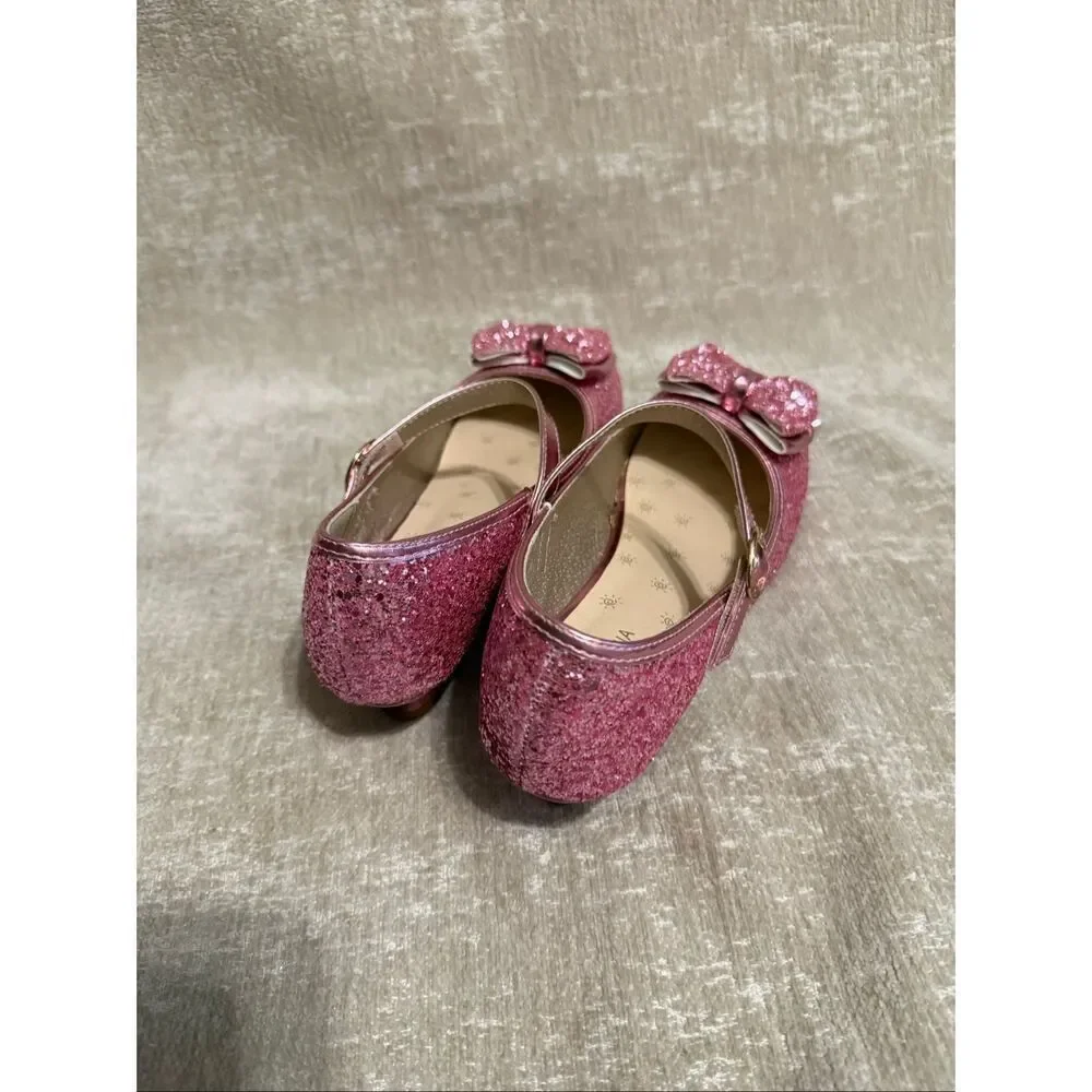 Pandaninja Girls Ruby Glittery Bow Block Heels Mary Jane Dress Shoes Pink Size 5